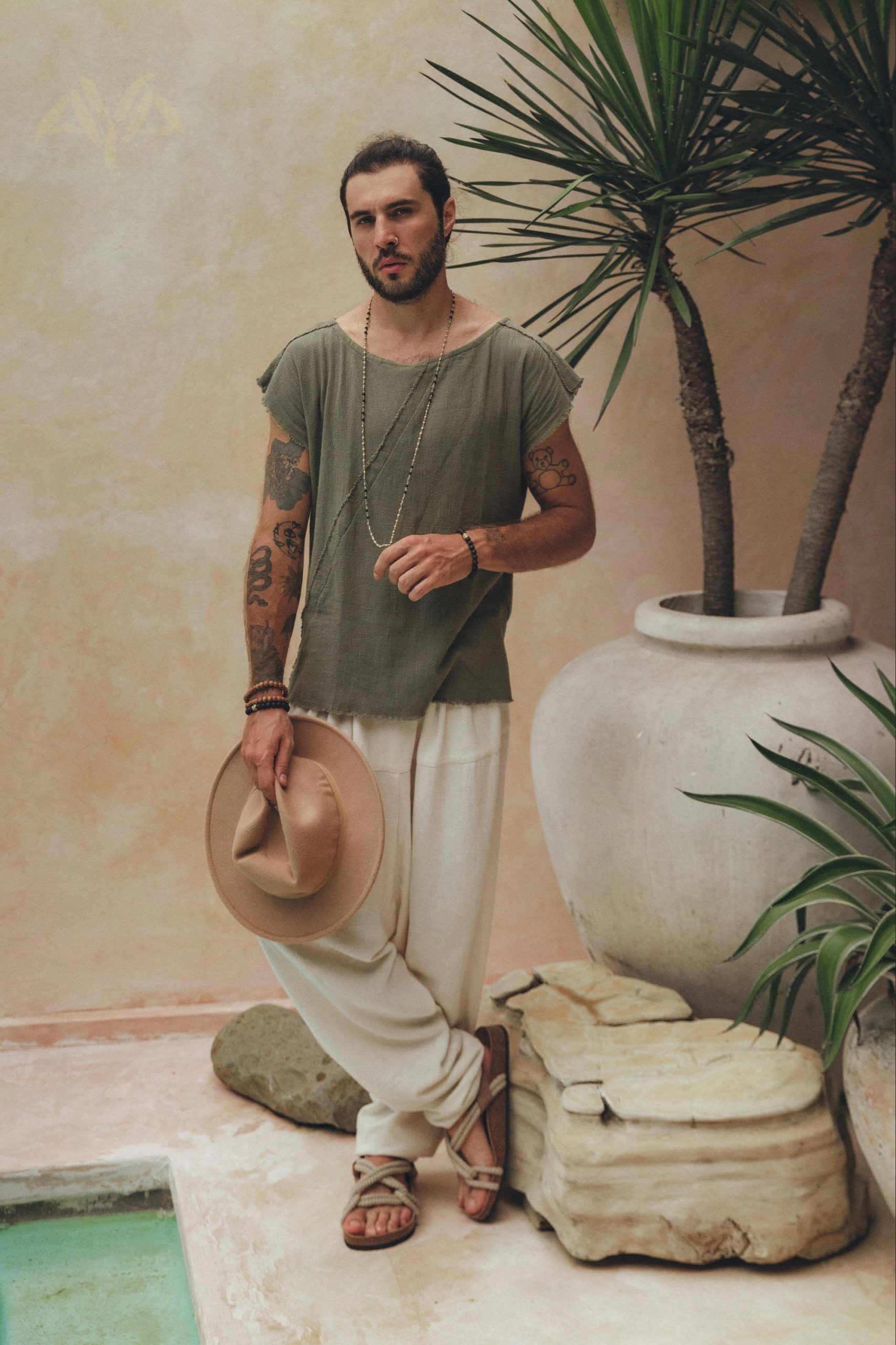 Sage Green Handmade Shirt Boho Tribal Wide Neck