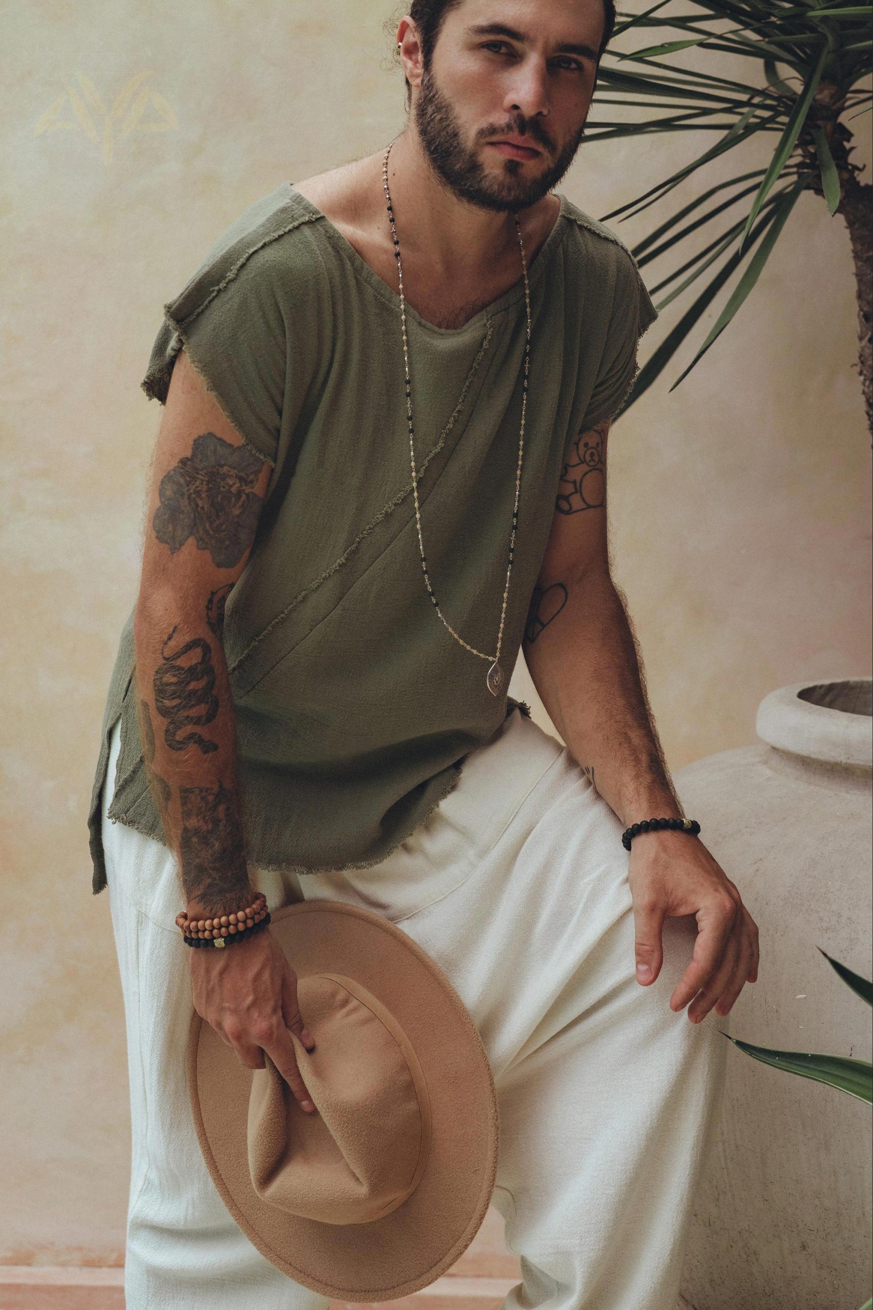 Sage Green Handmade Shirt Boho Tribal Wide Neck