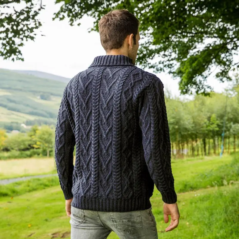 Men's Merino Wool Aran Sweater: V-neck Irish Knit Jumper